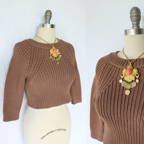 ELISABETTA FRANCHI Maglia cropped brown dress sweater tunic top woven 42 us 6 - Picture 1 of 9